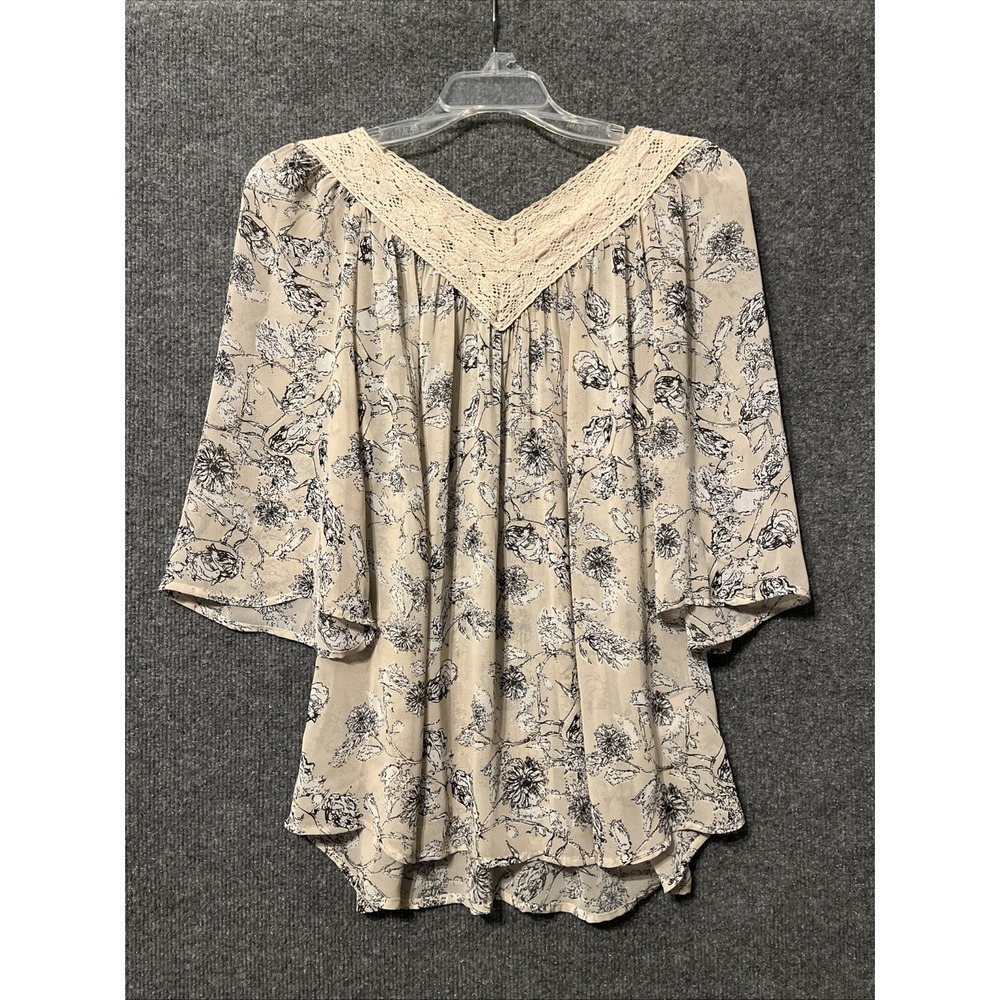 Daniel Rainn Chiffon Top Womens Small Beige Floral V-Neck Pleated 3/4 Sleeve